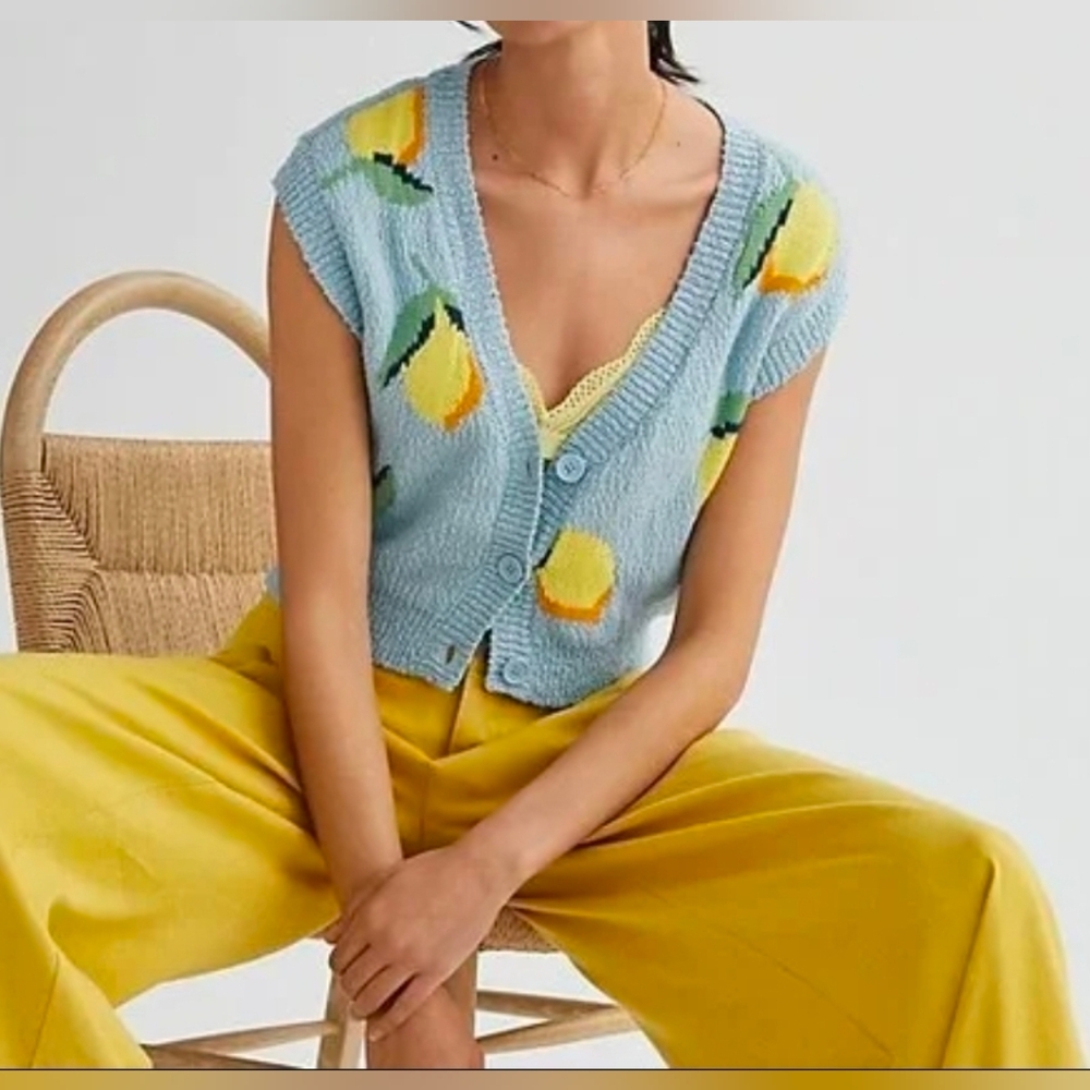 Anthropologie Maeve Melanie Shrunken Cardigan Blue Lemon Sweater Vest Size Small - Picture 7 of 11